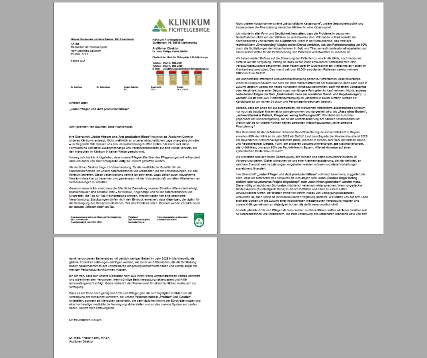 Offener Brief unseres Ärztlichen Direktors zur aktuellen Berichterstattung